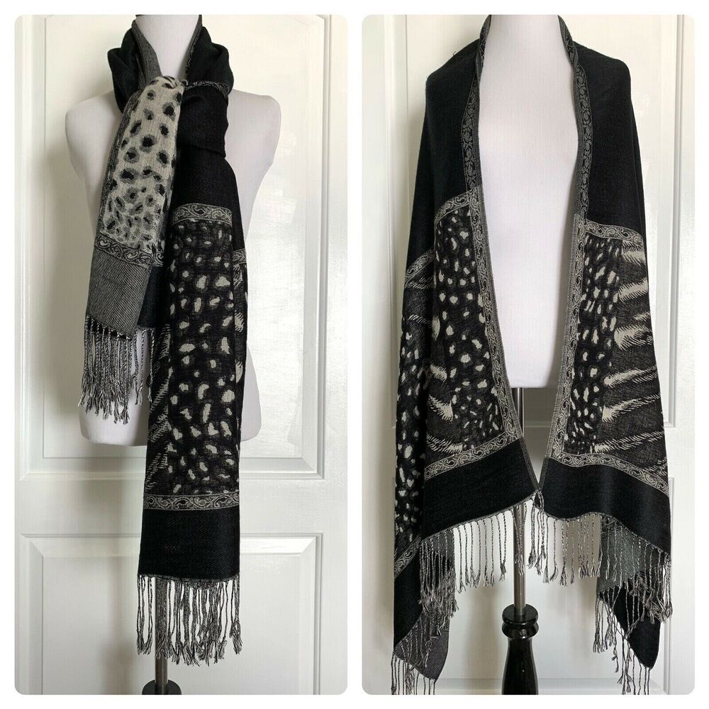 LA Boutique Designer Pashmina Scarf Wrap Warm Black White Gray Fringe EUC